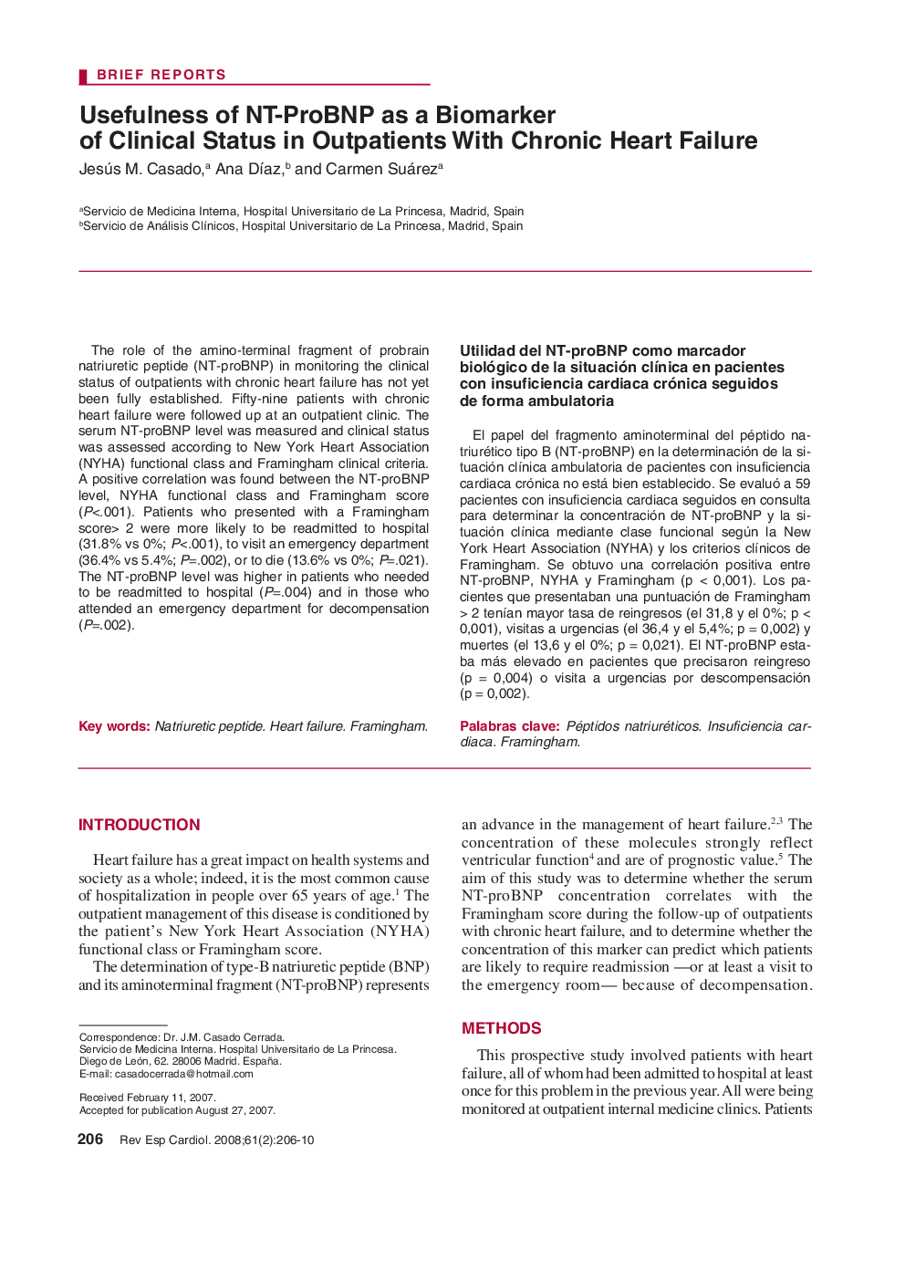 Usefulness of NT-ProBNP as a Biomarker of Clinical Status in Outpatients With Chronic Heart Failure