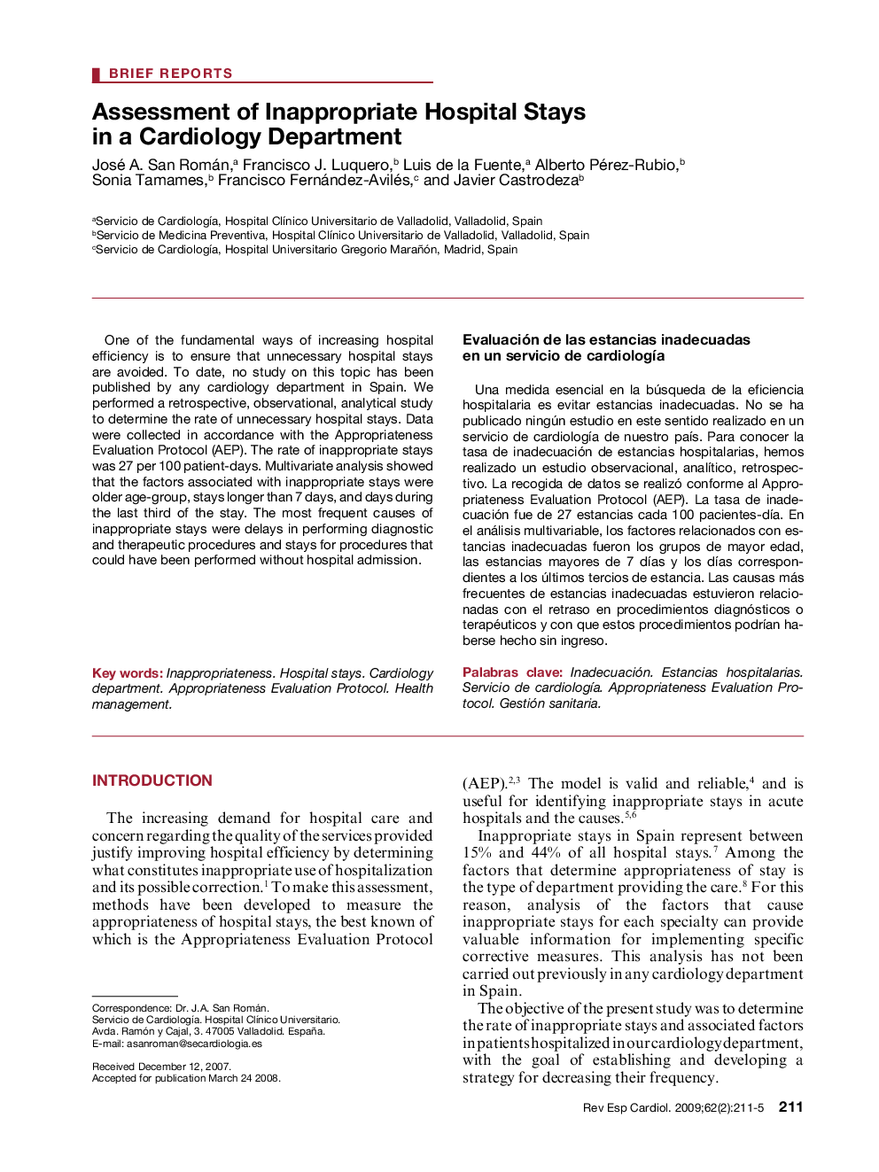 Assessment of Inappropriate Hospital Stays in a Cardiology Department