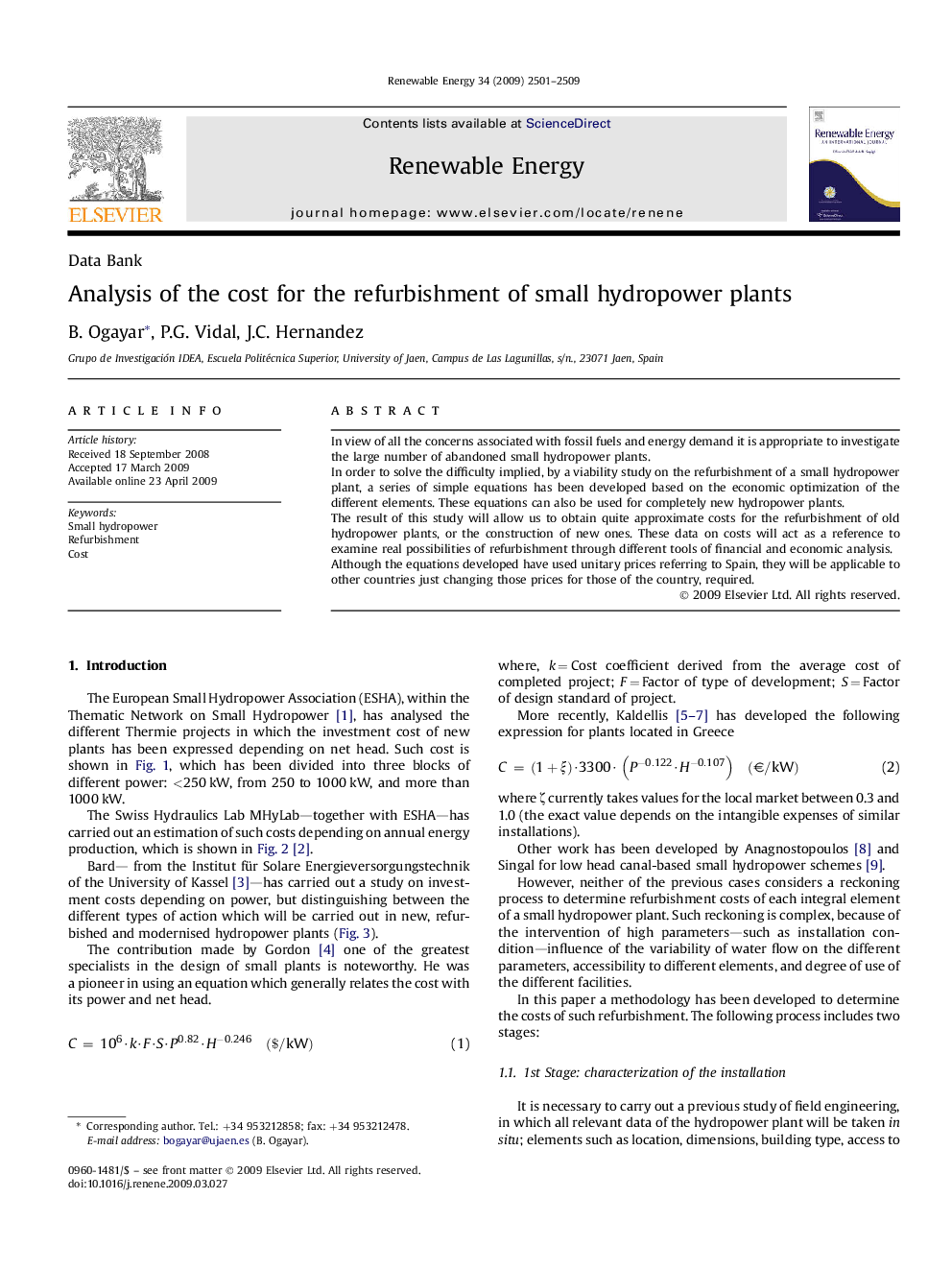 Analysis of the cost for the refurbishment of small hydropower plants