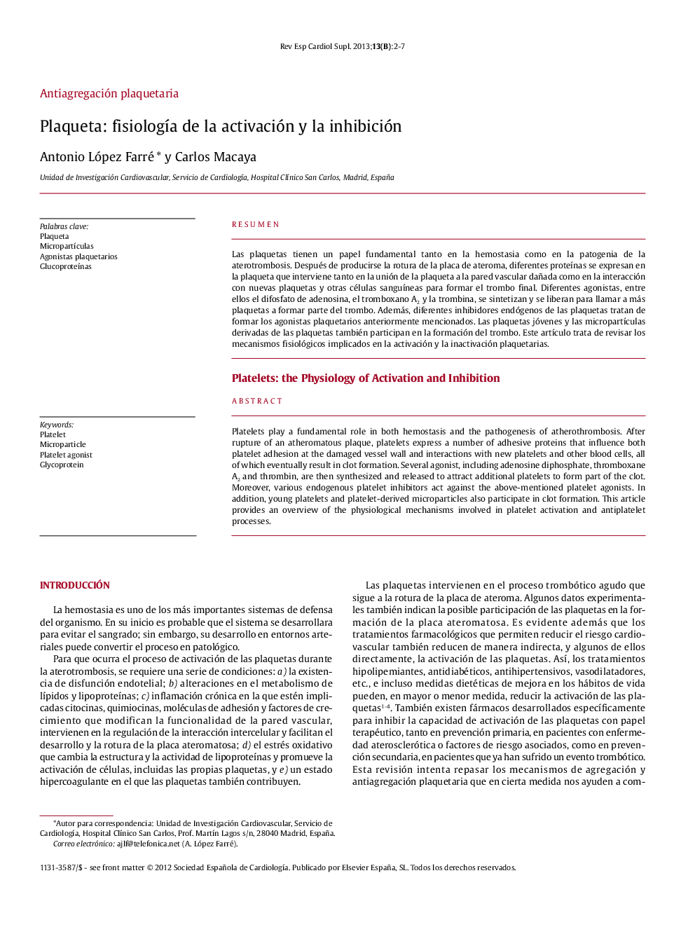 Plaqueta: fisiología de la activación y la inhibición