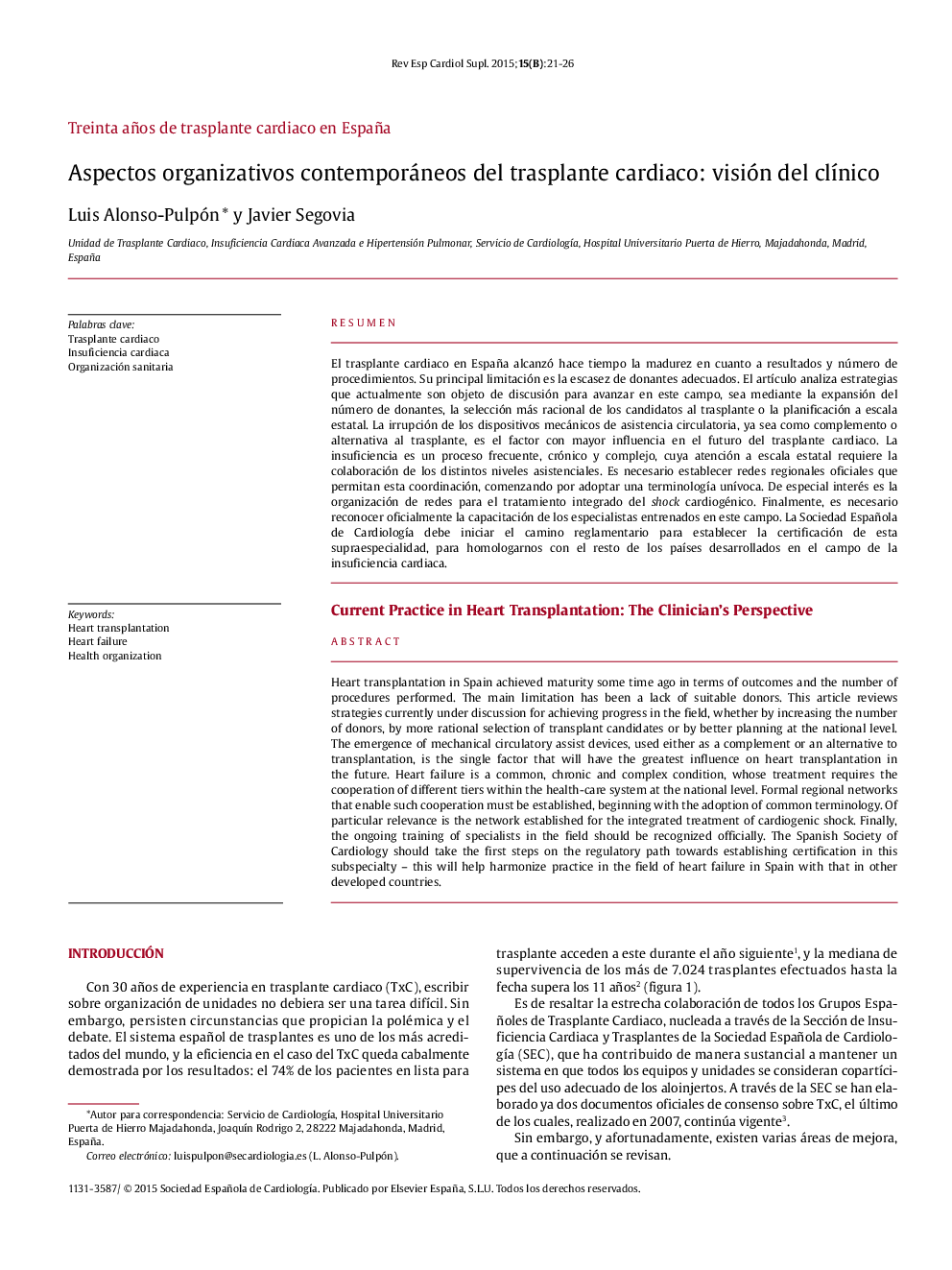 Aspectos organizativos contemporáneos del trasplante cardiaco: visión del clínico