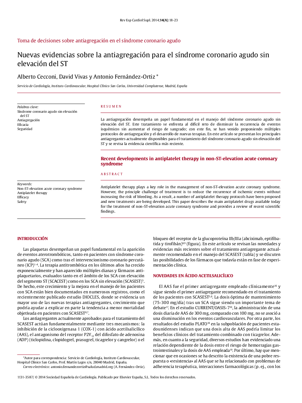 Nuevas evidencias sobre la antiagregación para el sÃ­ndrome coronario agudo sin elevación del ST