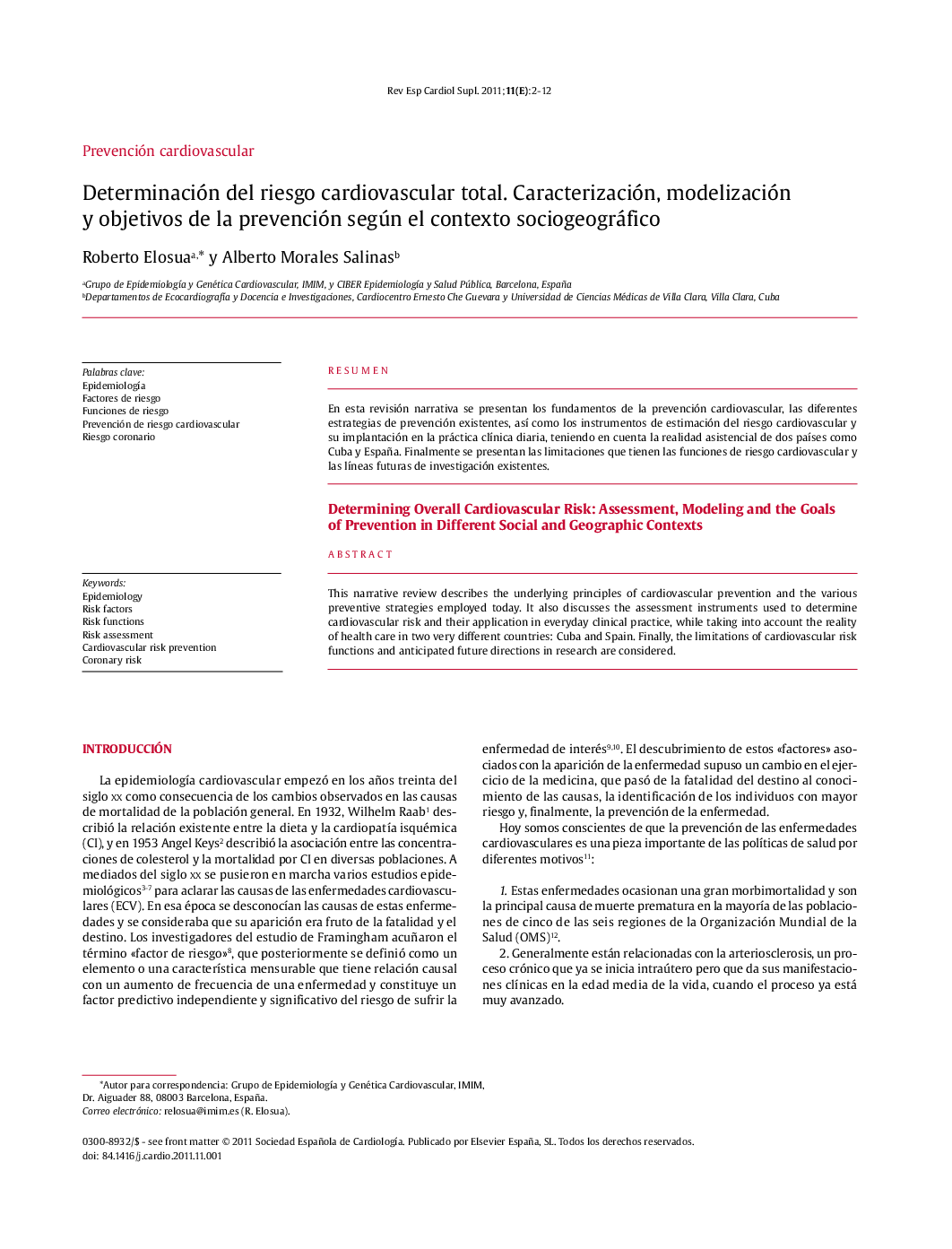 Determinación del riesgo cardiovascular total. Caracterización, modelización y objetivos de la prevención según el contexto sociogeográfico