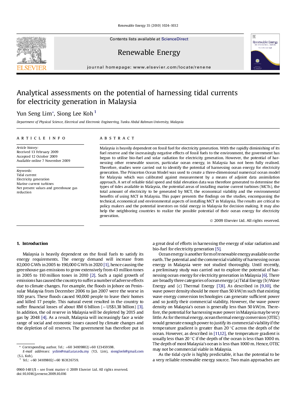 Analytical assessments on the potential of harnessing tidal currents for electricity generation in Malaysia