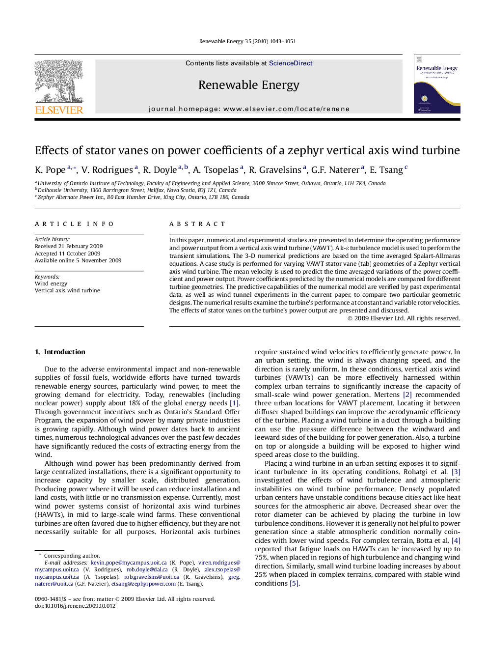 Effects of stator vanes on power coefficients of a zephyr vertical axis wind turbine