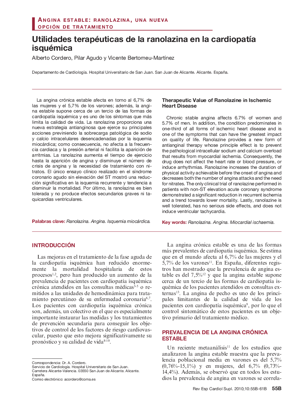 Utilidades terapéuticas de la ranolazina en la cardiopatía isquémica