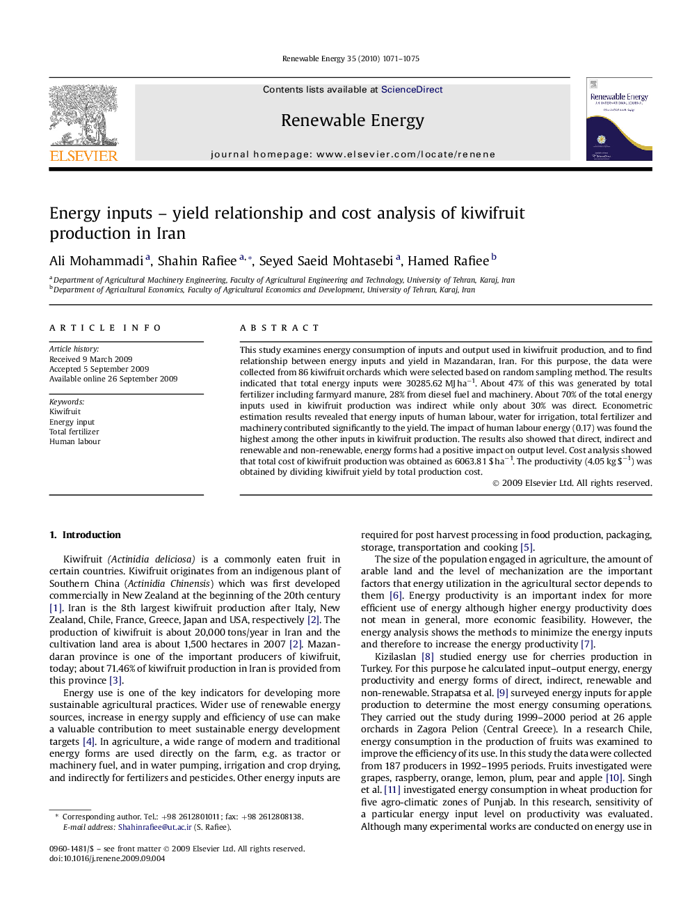 Energy inputs – yield relationship and cost analysis of kiwifruit production in Iran