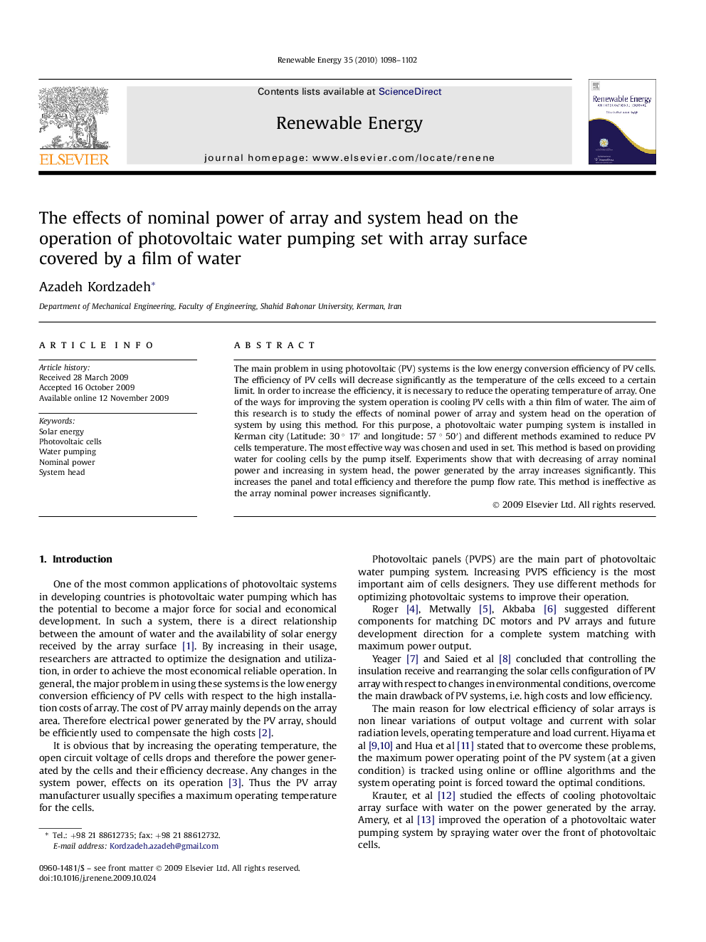 عکس صفحه اول مقاله: The effects of nominal power of array and system head on the operation of photovoltaic water pumping set with array surface covered by a film of water The effects of nominal power of array and system head on the operation of photovoltaic water pumping set with array surface covered by a film of water