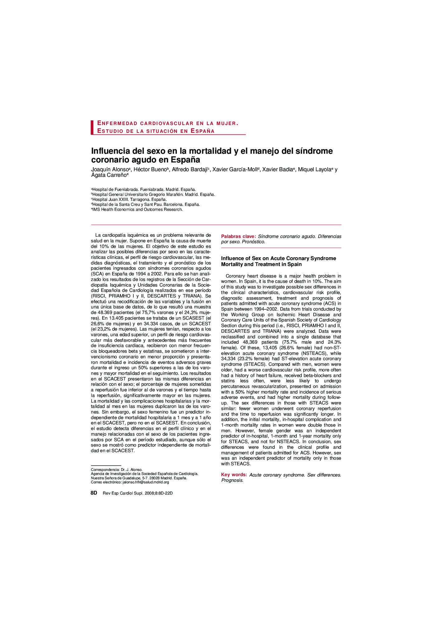 Influencia del sexo en la mortalidad y el manejo del sÃ­ndrome coronario agudo en España