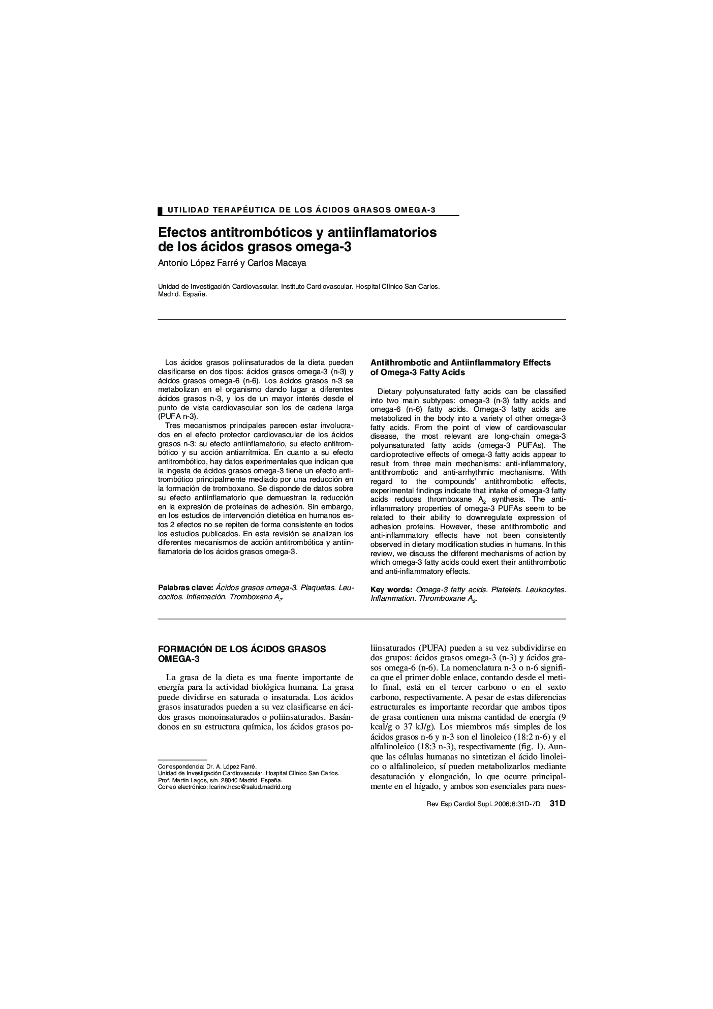 Efectos antitrombóticos y antiinflamatorios de los ácidos grasos omega-3