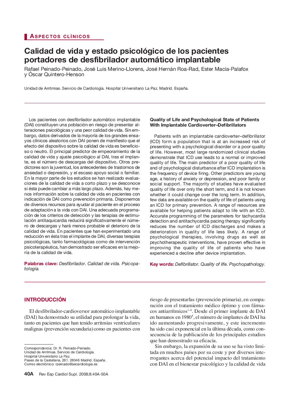 Calidad de vida y estado psicológico de los pacientes portadores de desfibrilador automático implantable