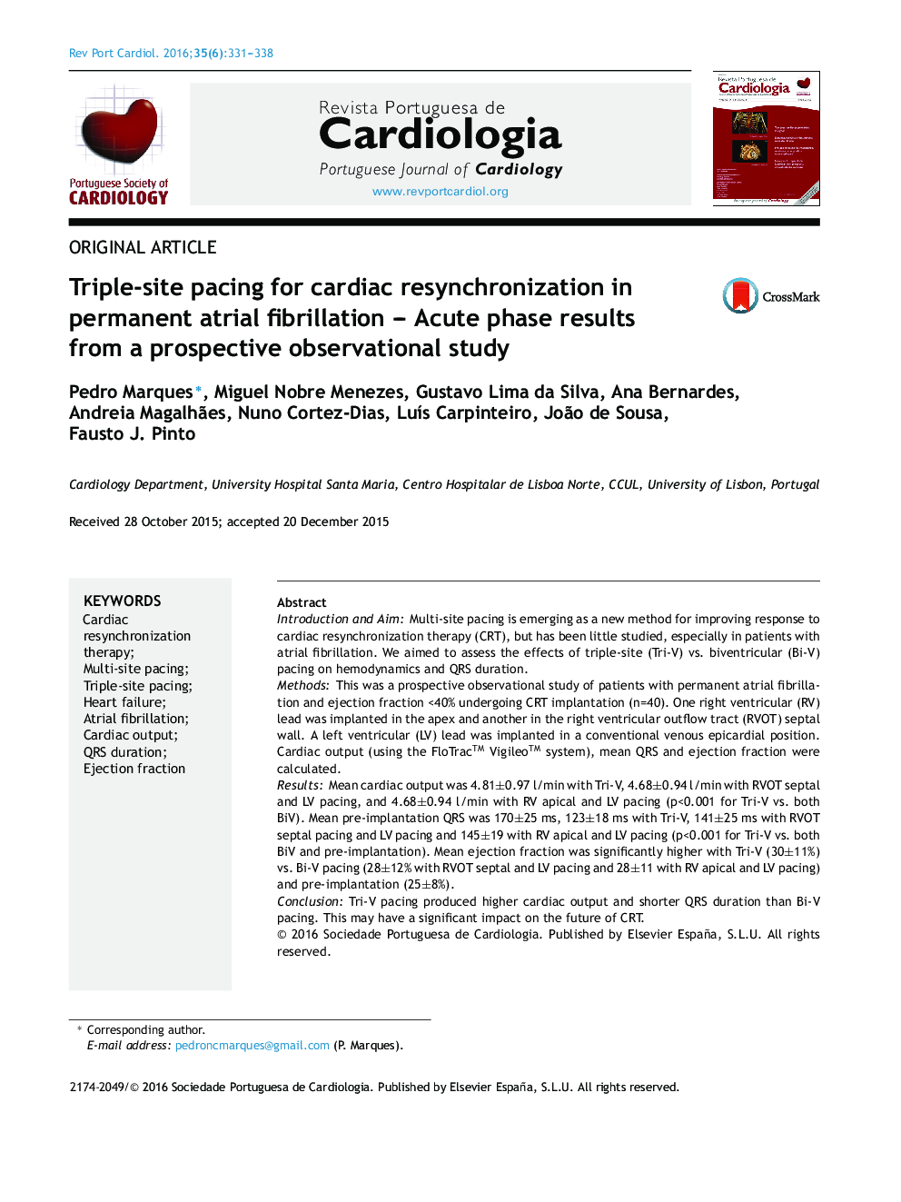 Triple-site pacing for cardiac resynchronization in permanent atrial fibrillation – Acute phase results from a prospective observational study