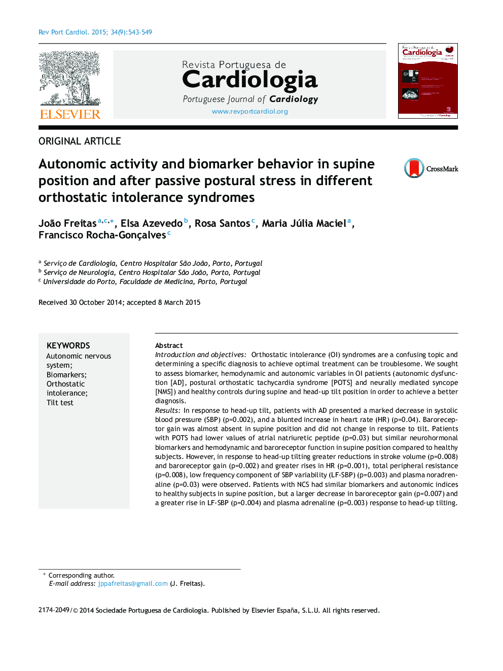 Autonomic activity and biomarker behavior in supine position and after passive postural stress in different orthostatic intolerance syndromes