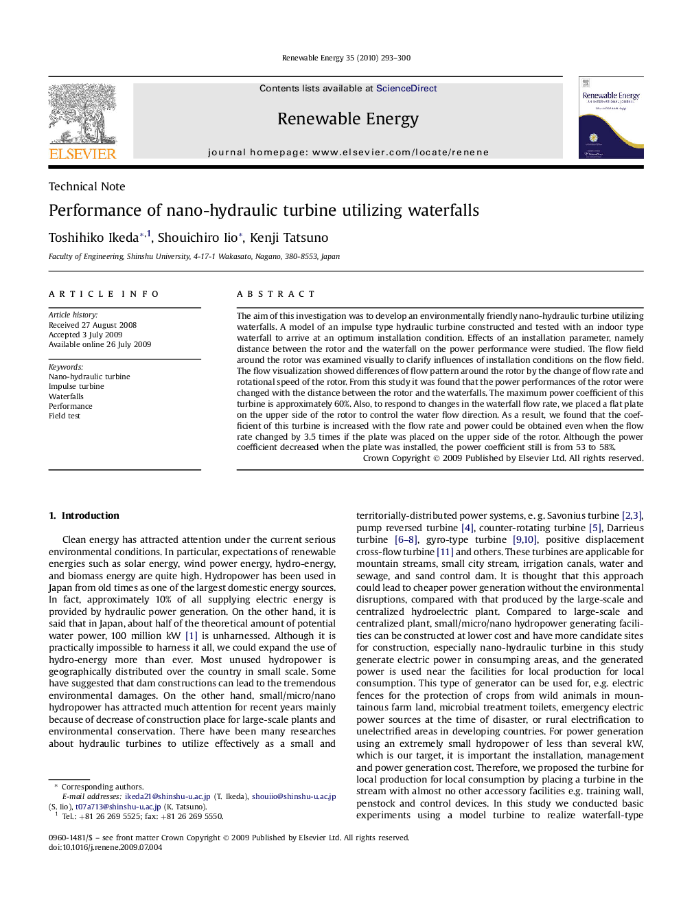 Performance of nano-hydraulic turbine utilizing waterfalls