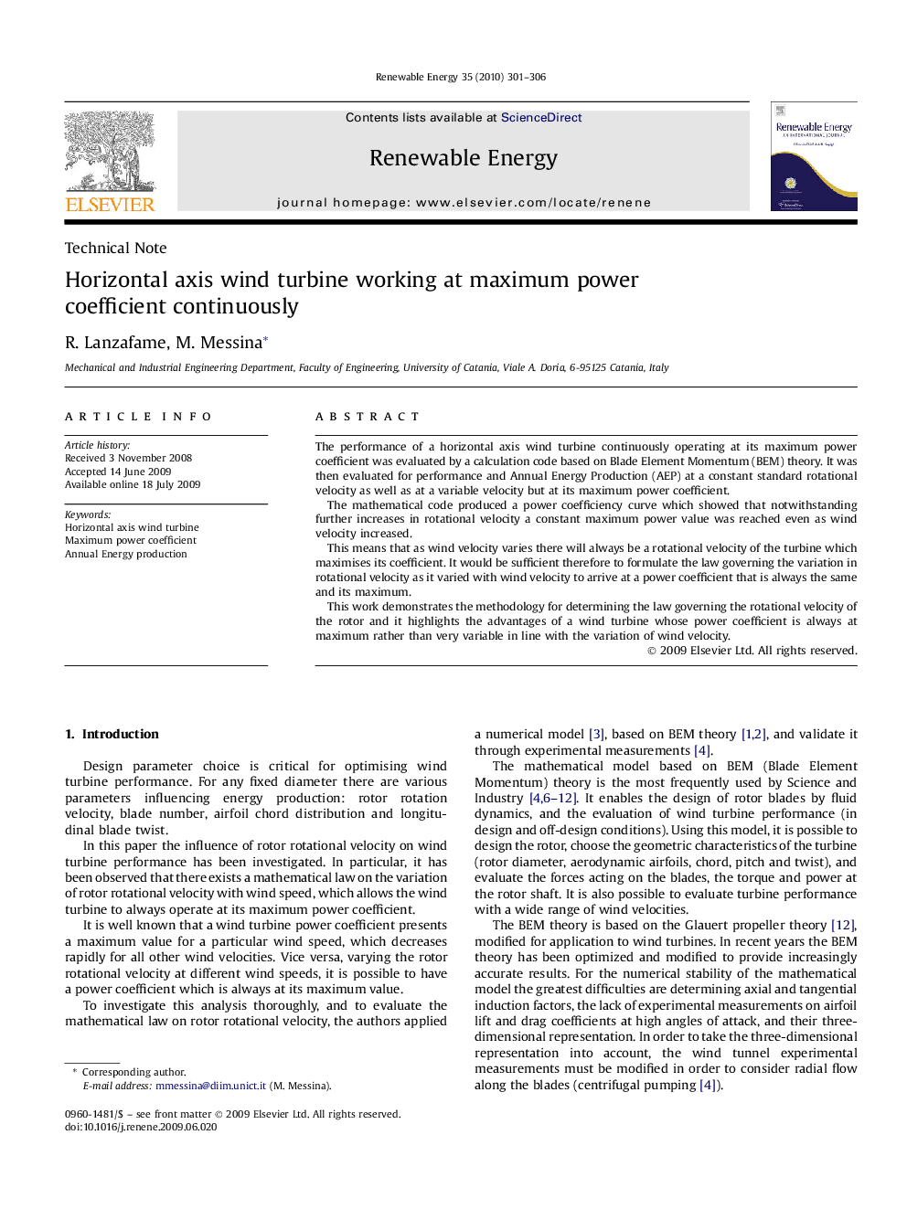 Horizontal axis wind turbine working at maximum power coefficient continuously