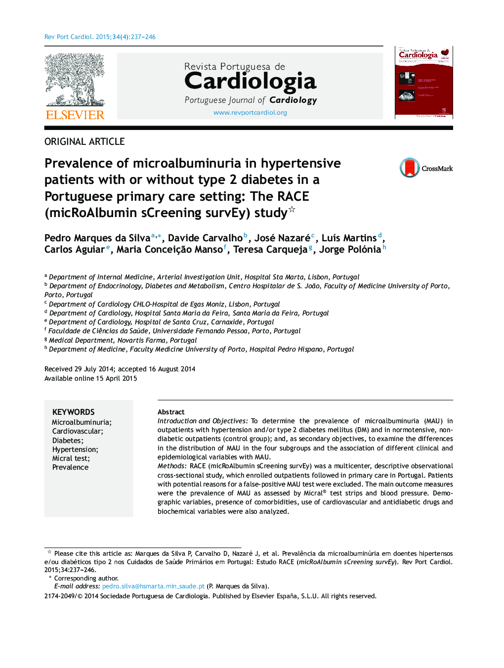 Prevalence of microalbuminuria in hypertensive patients with or without type 2 diabetes in a Portuguese primary care setting: The RACE (micRoAlbumin sCreening survEy) study 