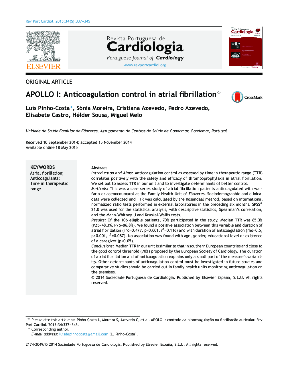 APOLLO I: Anticoagulation control in atrial fibrillation