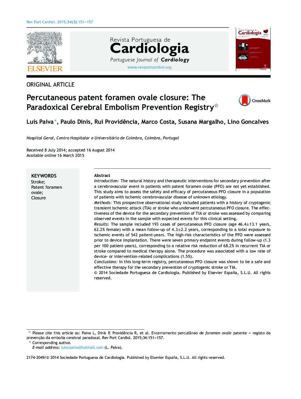 Percutaneous patent foramen ovale closure: The Paradoxical Cerebral Embolism Prevention Registry 