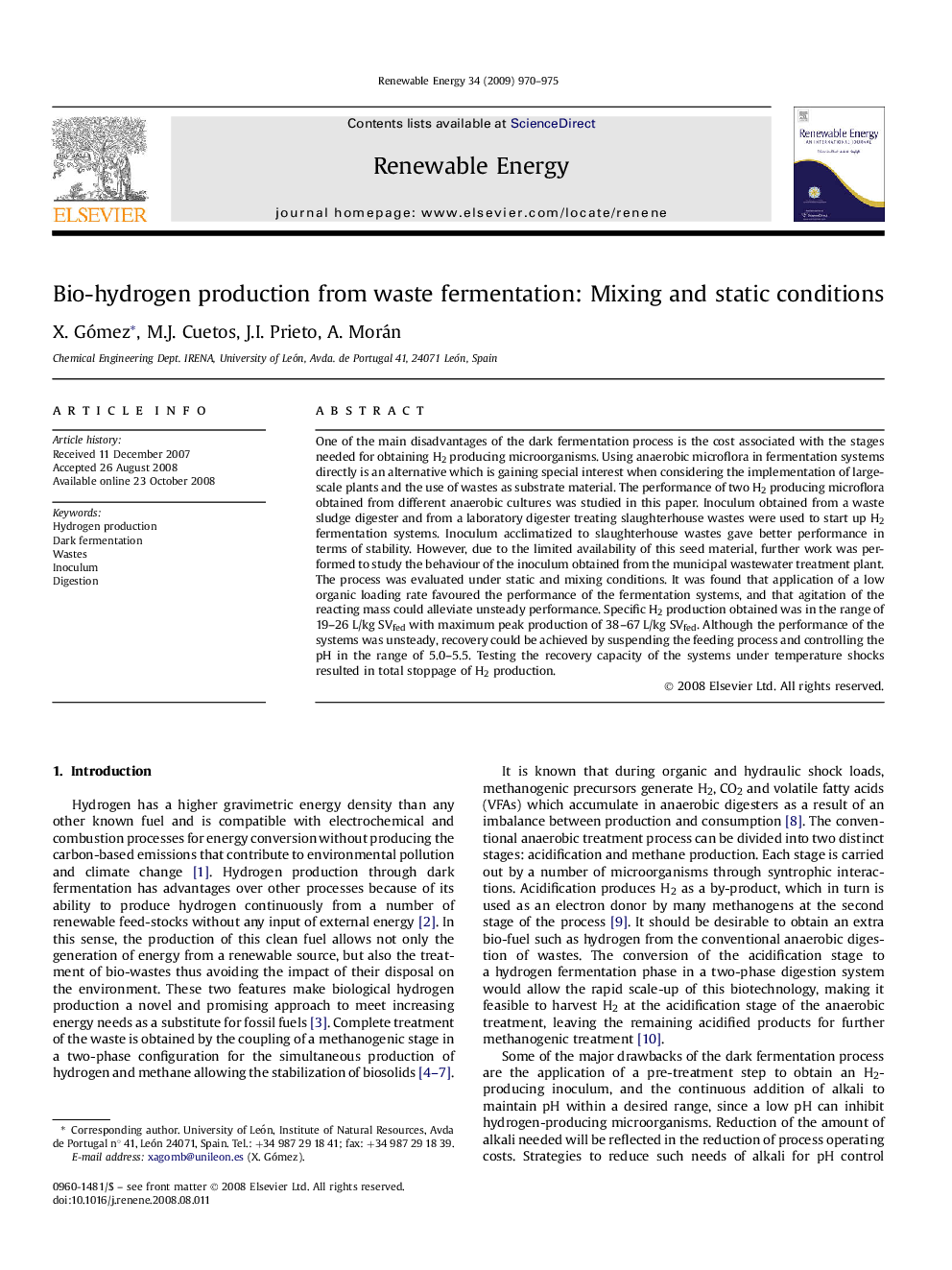 Bio-hydrogen production from waste fermentation: Mixing and static conditions