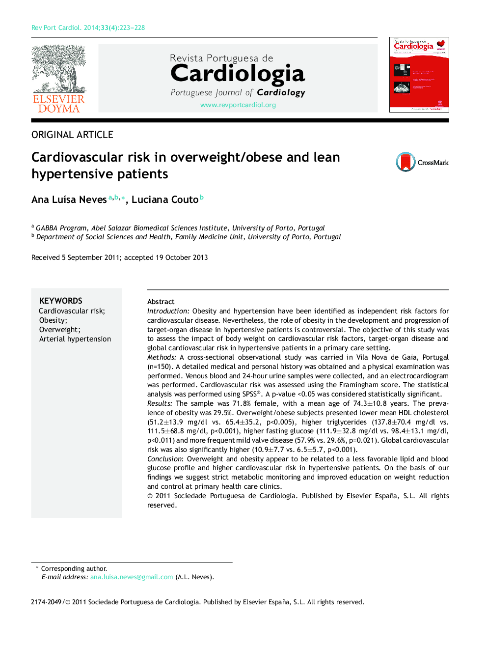 Cardiovascular risk in overweight/obese and lean hypertensive patients