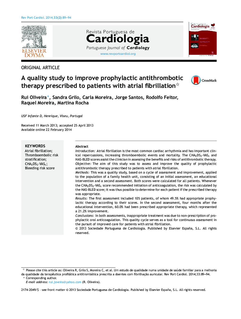 A quality study to improve prophylactic antithrombotic therapy prescribed to patients with atrial fibrillation 