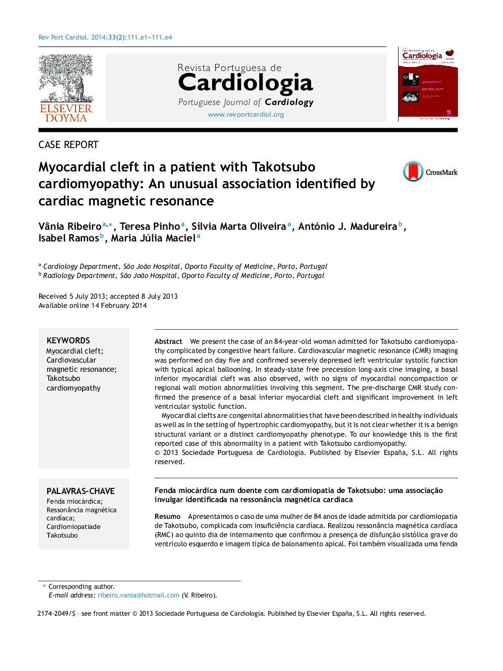 Myocardial cleft in a patient with Takotsubo cardiomyopathy: An unusual association identified by cardiac magnetic resonance