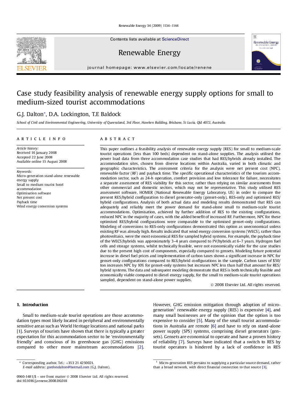 Case study feasibility analysis of renewable energy supply options for small to medium-sized tourist accommodations