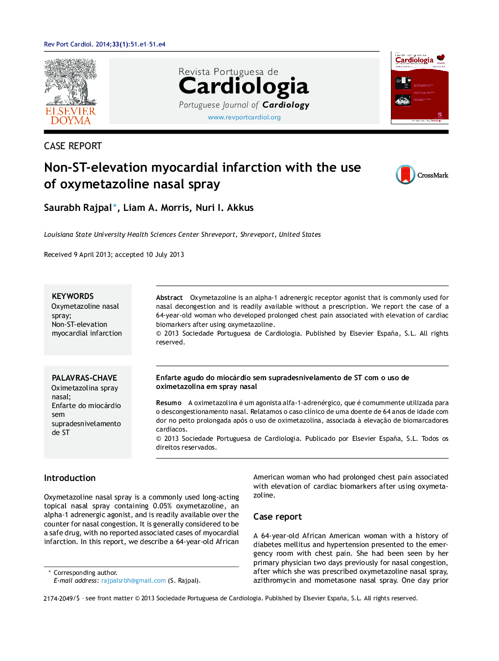 NonâSTâelevation myocardial infarction with the use of oxymetazoline nasal spray
