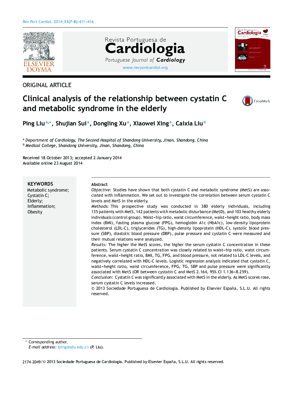 Clinical analysis of the relationship between cystatin C and metabolic syndrome in the elderly