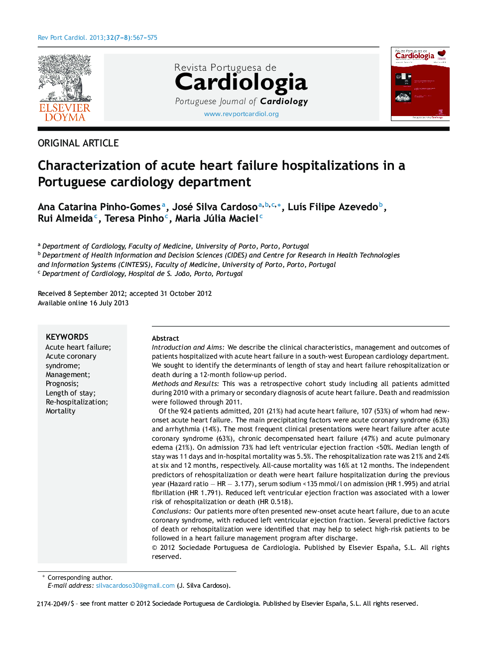 Characterization of acute heart failure hospitalizations in a Portuguese cardiology department