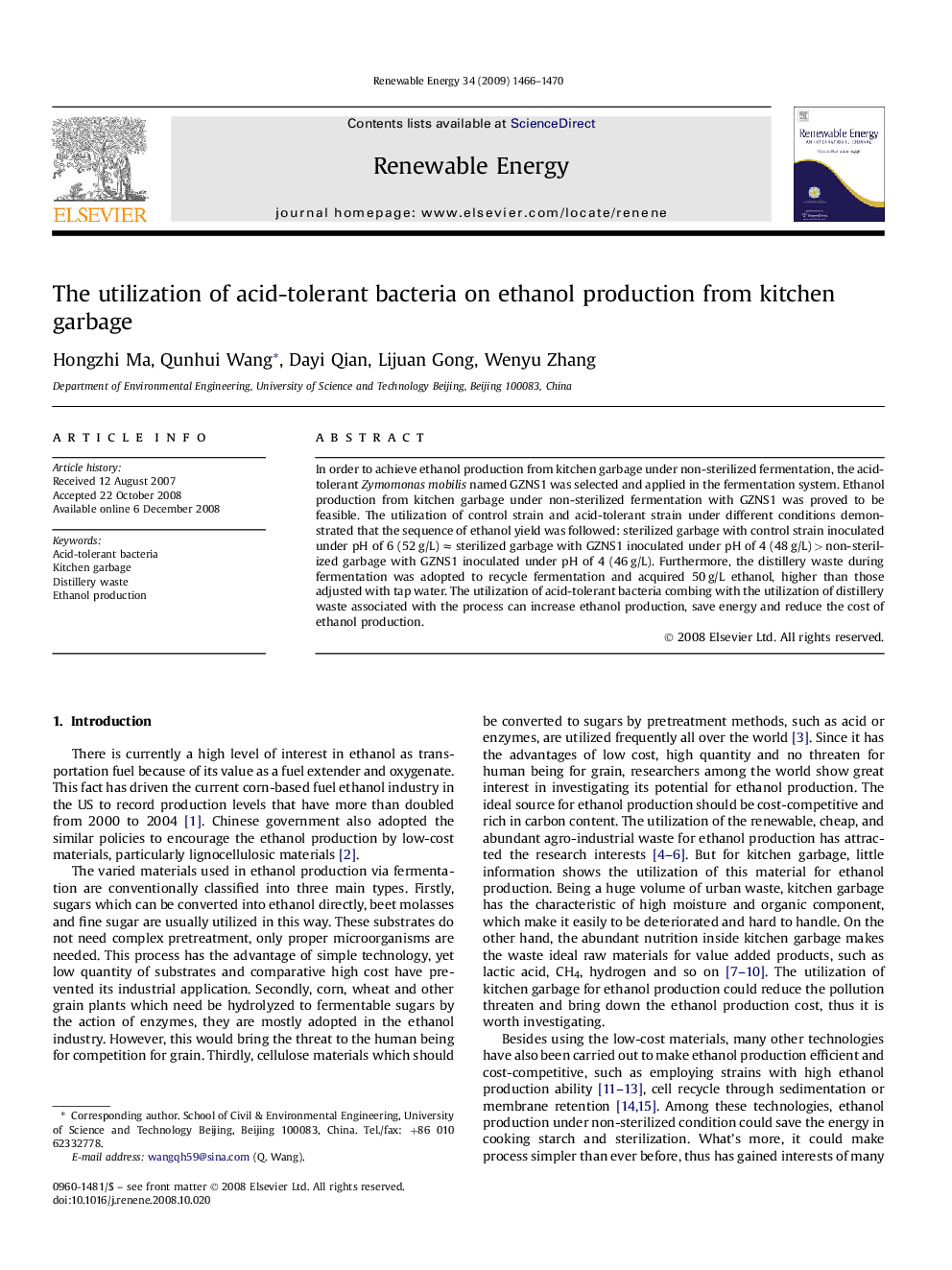 The utilization of acid-tolerant bacteria on ethanol production from kitchen garbage