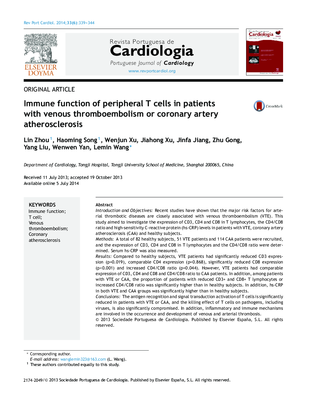 Immune function of peripheral T cells in patients with venous thromboembolism or coronary artery atherosclerosis