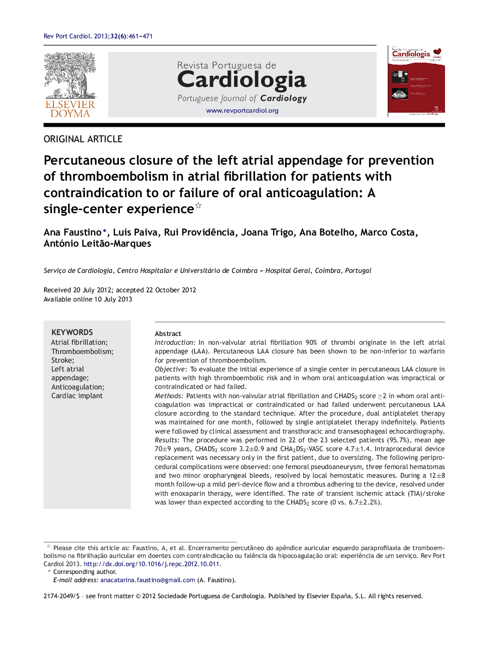 Percutaneous closure of the left atrial appendage for prevention of thromboembolism in atrial fibrillation for patients with contraindication to or failure of oral anticoagulation: A single-center experience 