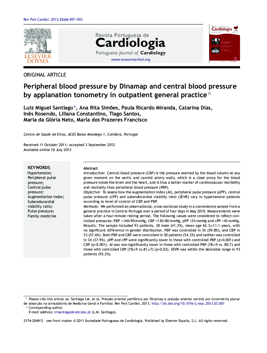 Peripheral blood pressure by Dinamap and central blood pressure by applanation tonometry in outpatient general practice