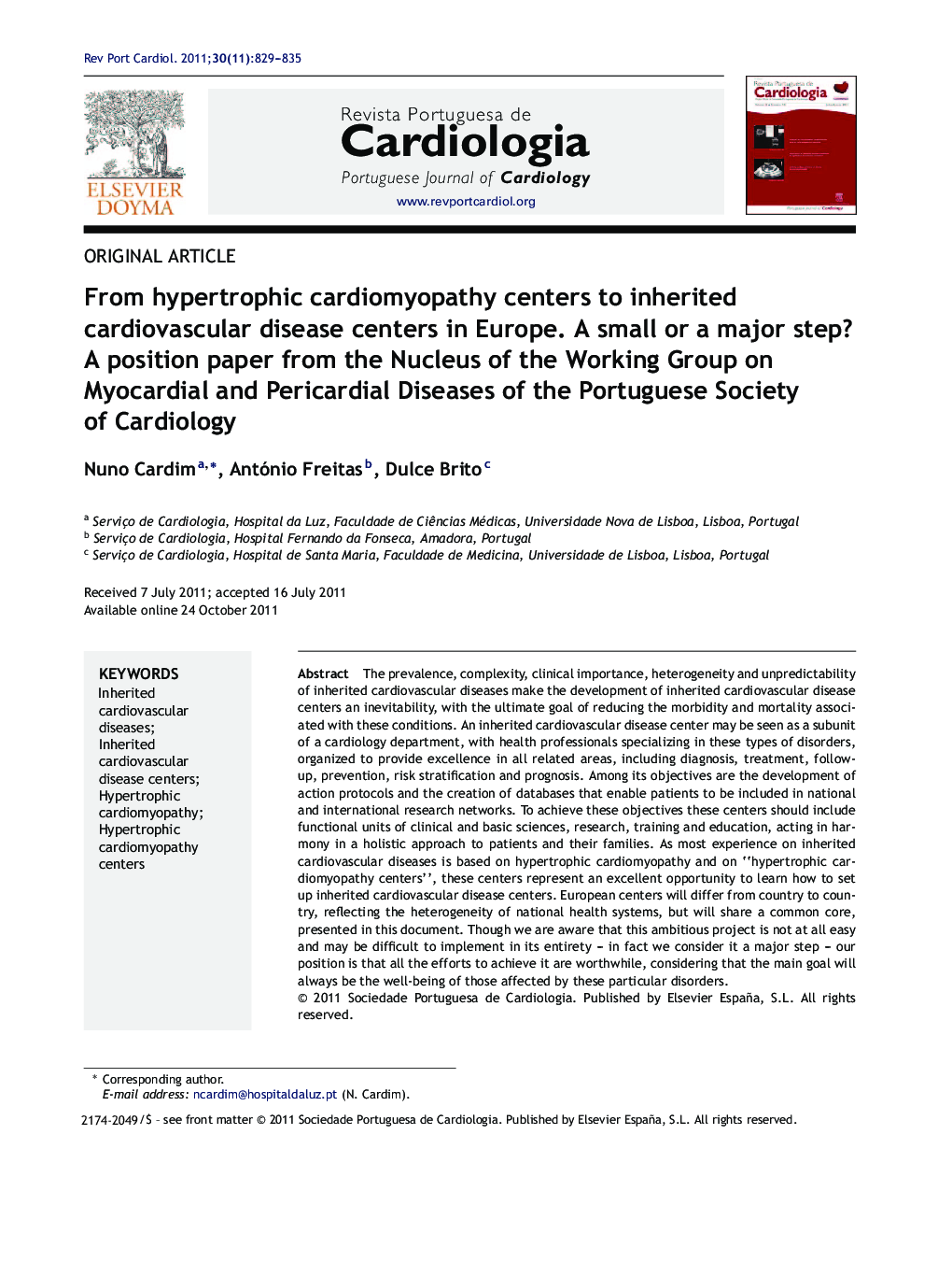 From hypertrophic cardiomyopathy centers to inherited cardiovascular disease centers in Europe. A small or a major step? A position paper from the Nucleus of the Working Group on Myocardial and Pericardial Diseases of the Portuguese Society of Cardiology