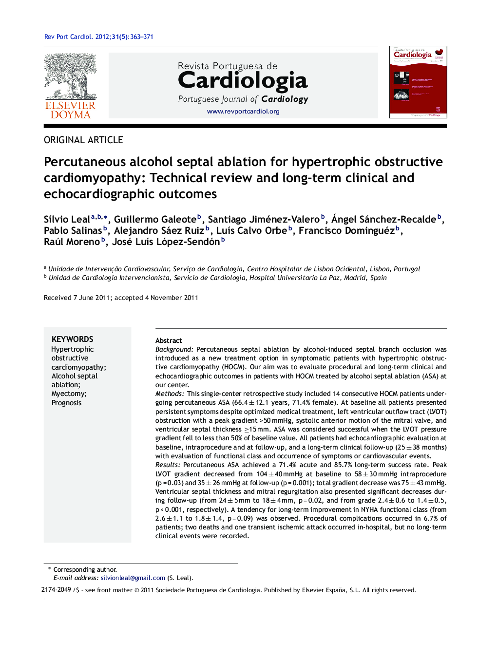 Percutaneous alcohol septal ablation for hypertrophic obstructive cardiomyopathy: Technical review and long-term clinical and echocardiographic outcomes