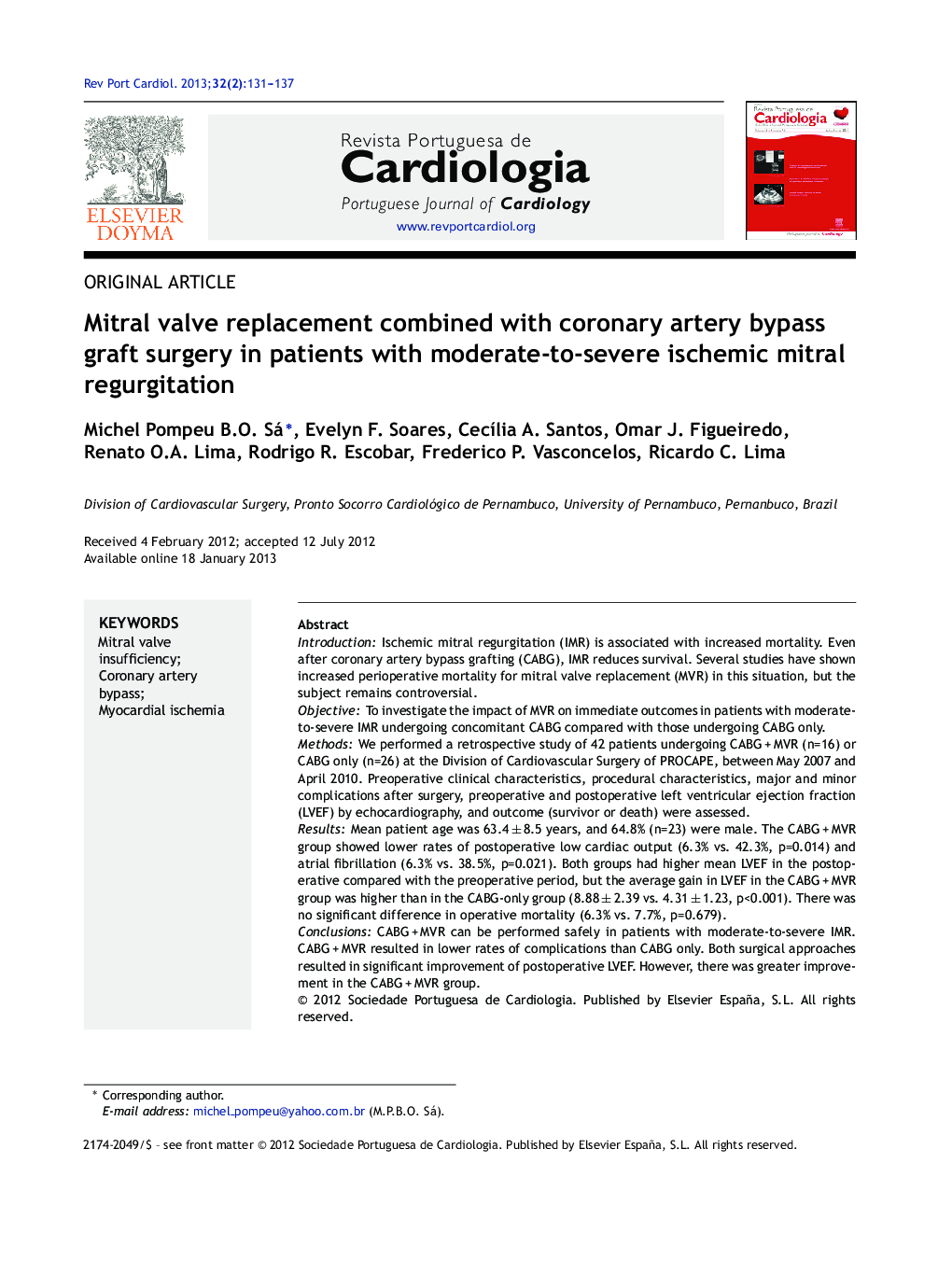 Mitral valve replacement combined with coronary artery bypass graft surgery in patients with moderate-to-severe ischemic mitral regurgitation