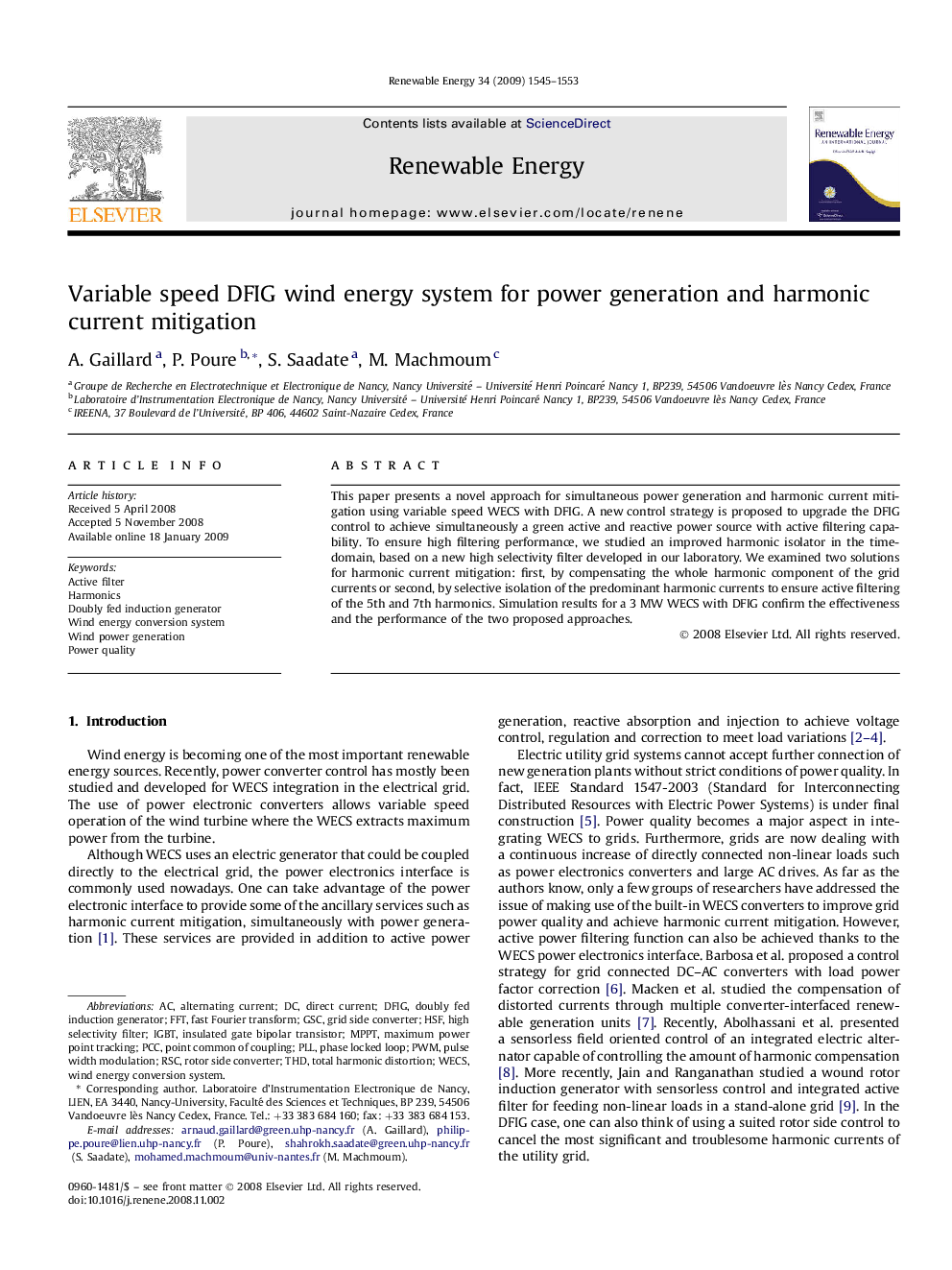 Variable speed DFIG wind energy system for power generation and harmonic current mitigation