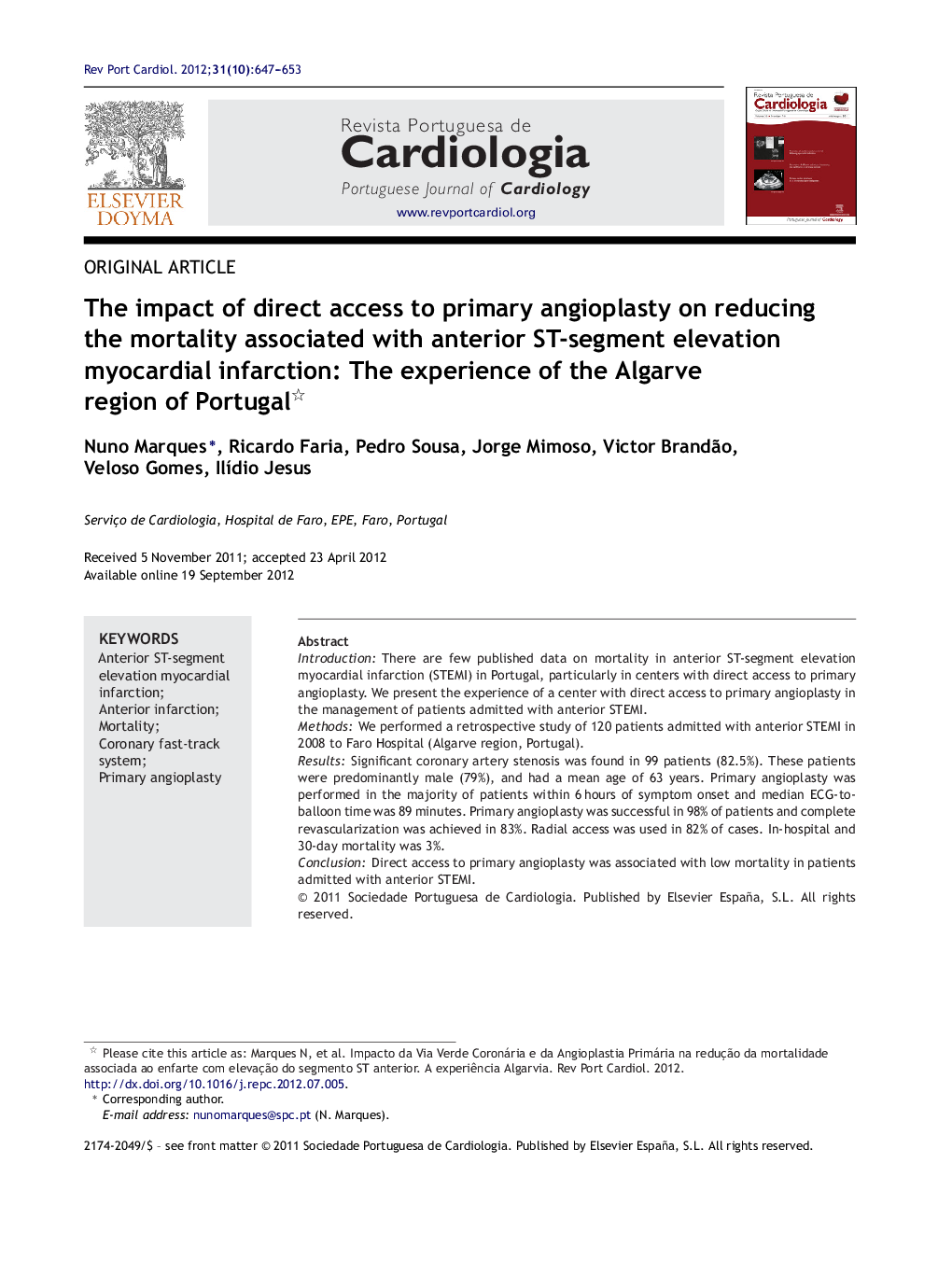 The impact of direct access to primary angioplasty on reducing the mortality associated with anterior ST-segment elevation myocardial infarction: The experience of the Algarve region of Portugal 