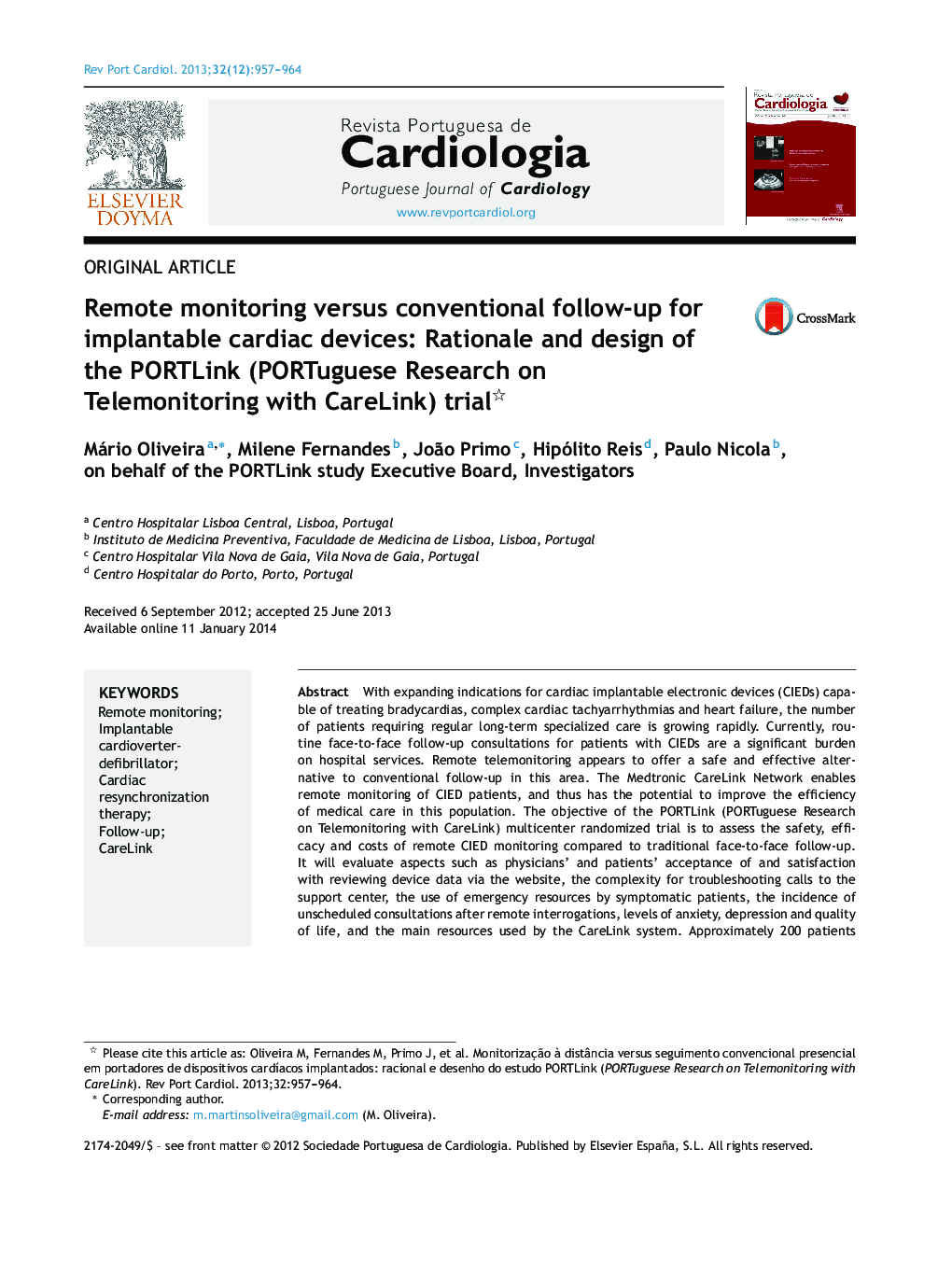 Remote monitoring versus conventional follow-up for implantable cardiac devices: Rationale and design of the PORTLink (PORTuguese Research on Telemonitoring with CareLink) trial 