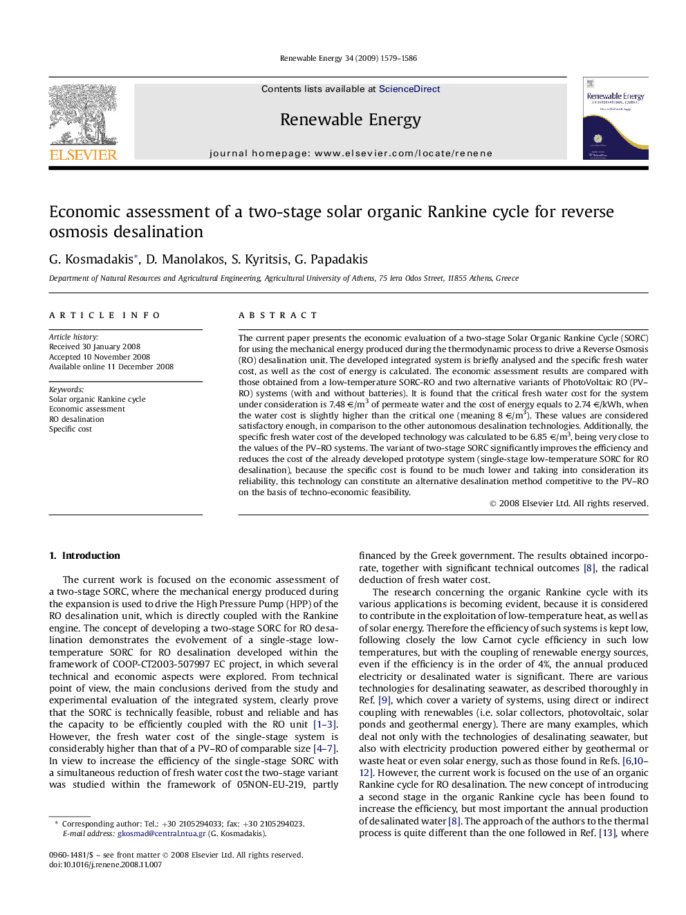 Economic assessment of a two-stage solar organic Rankine cycle for reverse osmosis desalination