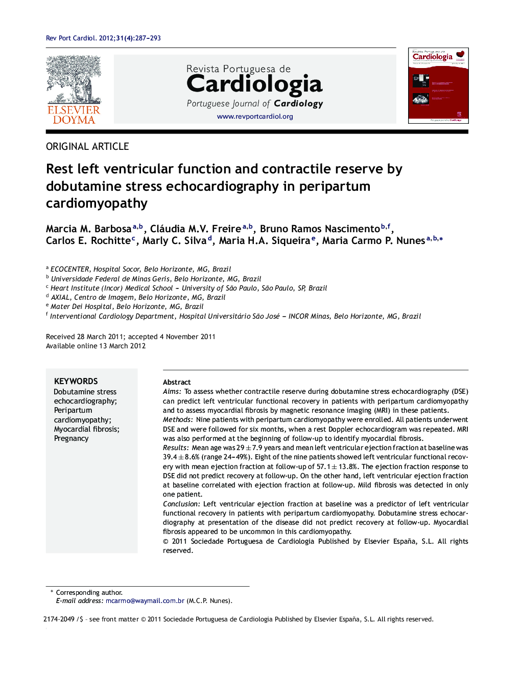 Rest left ventricular function and contractile reserve by dobutamine stress echocardiography in peripartum cardiomyopathy