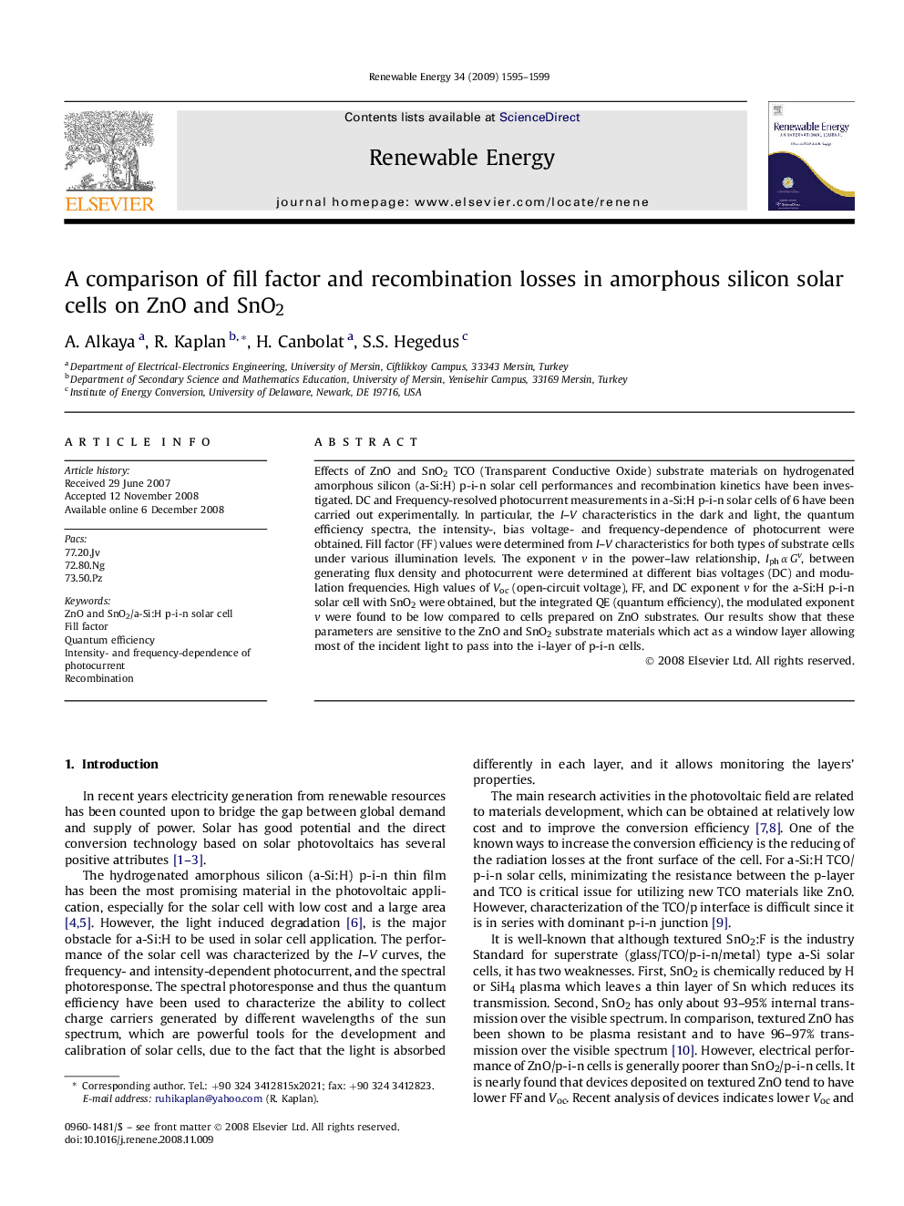 عکس صفحه اول مقاله: A comparison of fill factor and recombination losses in amorphous silicon solar cells on ZnO and SnO2 A comparison of fill factor and recombination losses in amorphous silicon solar cells on ZnO and SnO2