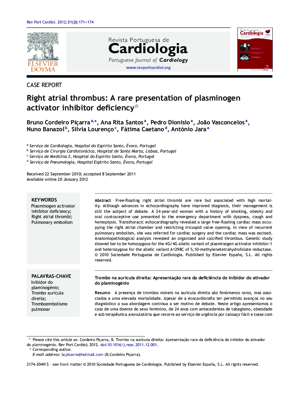 Right atrial thrombus: A rare presentation of plasminogen activator inhibitor deficiency