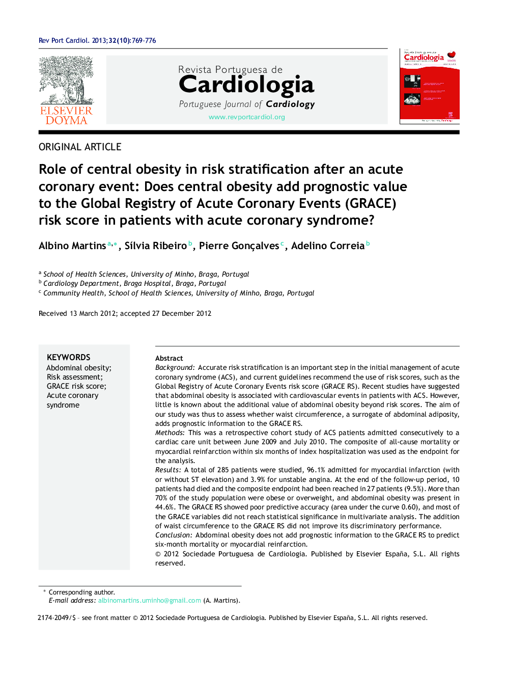 Role of central obesity in risk stratification after an acute coronary event: Does central obesity add prognostic value to the Global Registry of Acute Coronary Events (GRACE) risk score in patients with acute coronary syndrome?