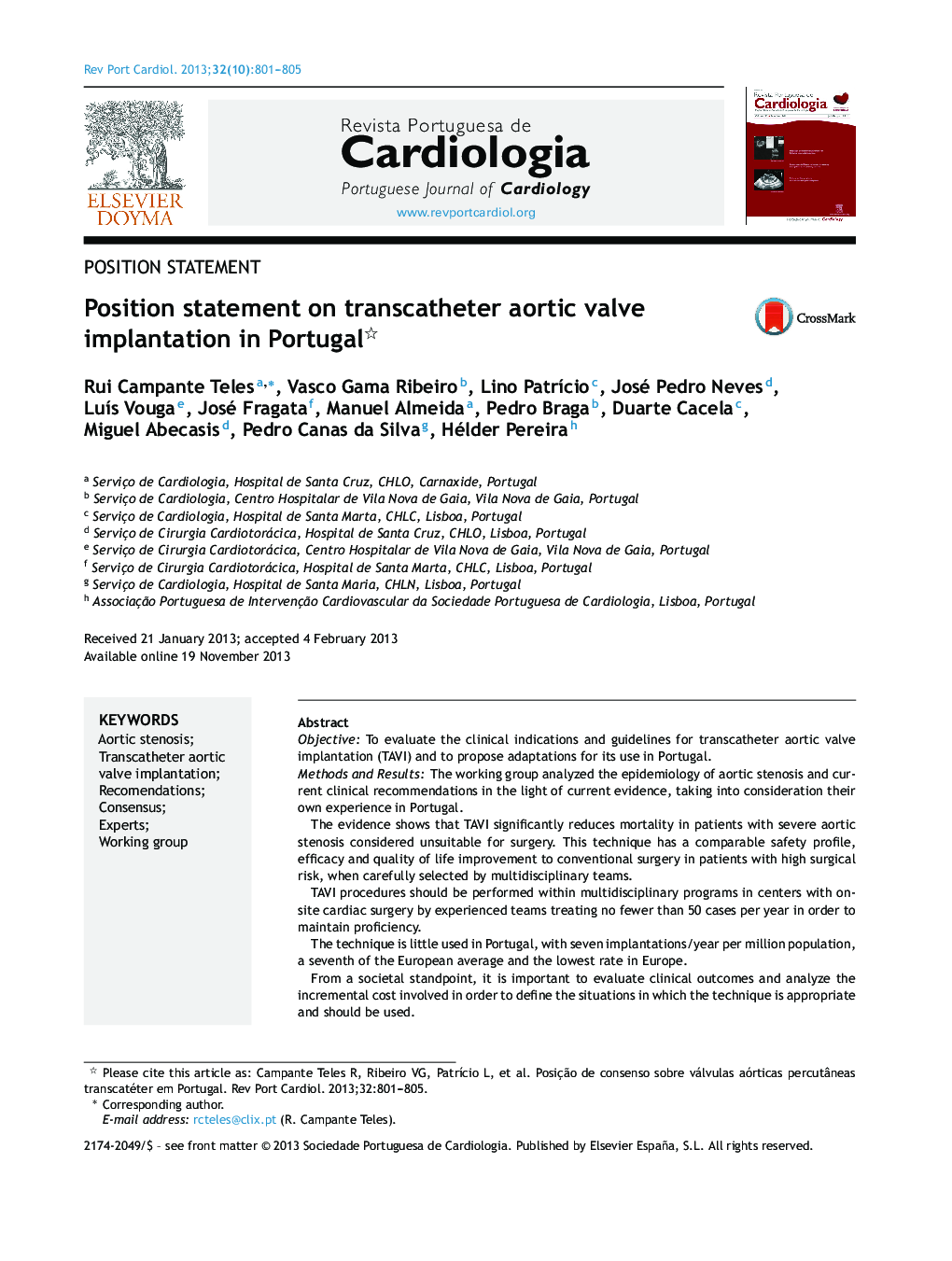 Position statement on transcatheter aortic valve implantation in Portugal 