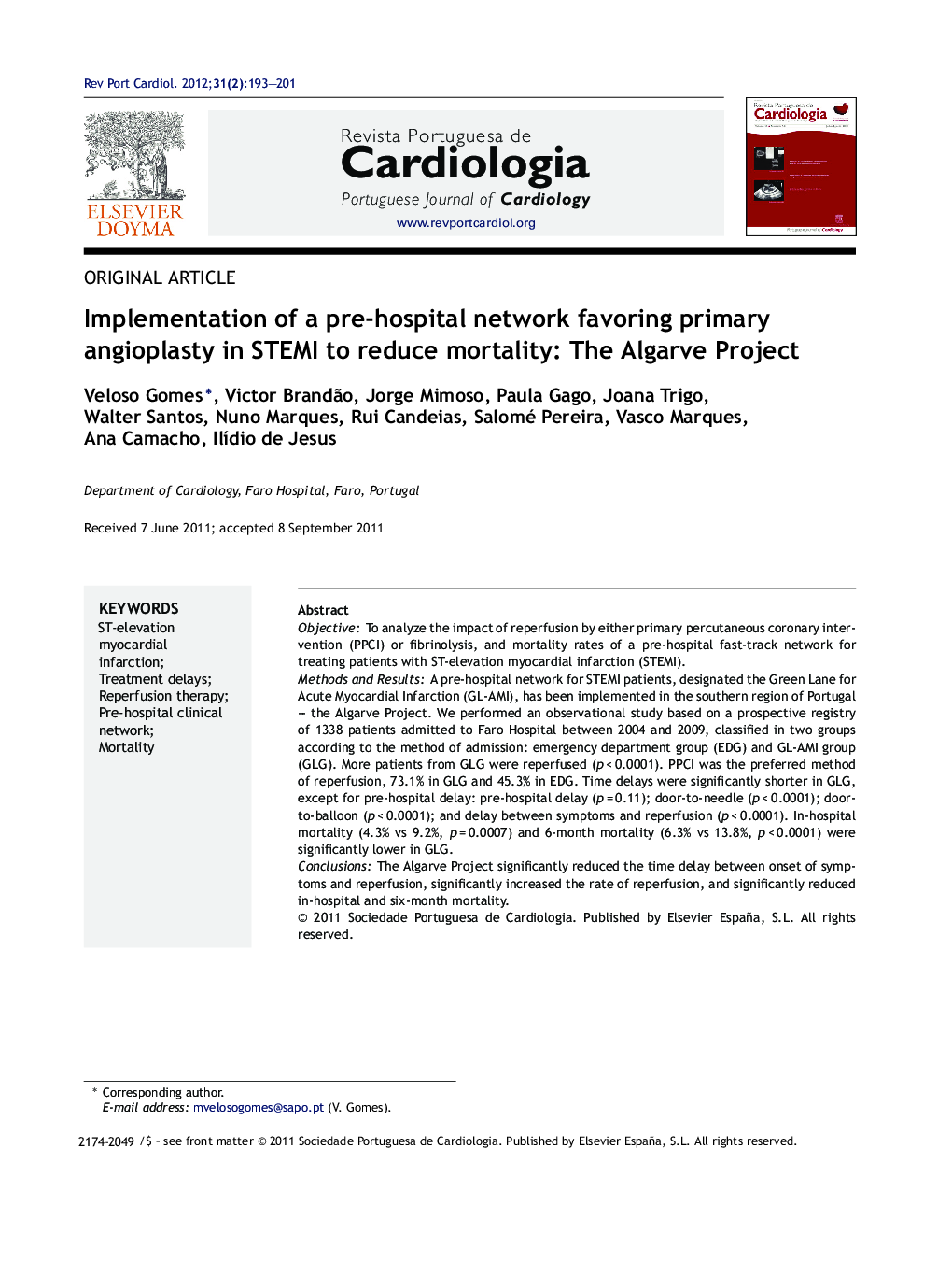 Implementation of a pre-hospital network favoring primary angioplasty in STEMI to reduce mortality: The Algarve Project