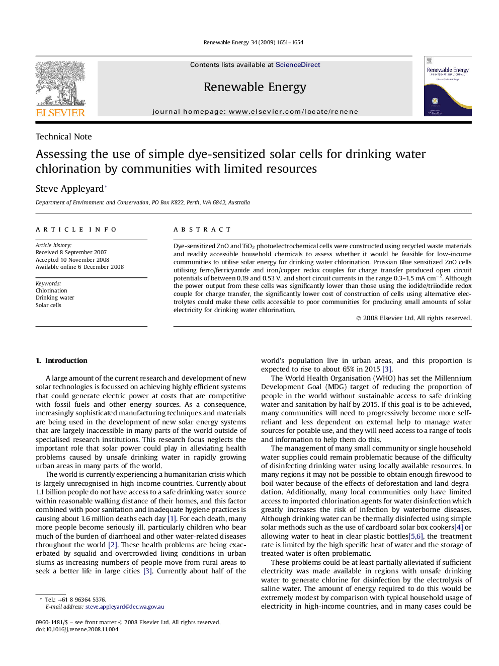 Assessing the use of simple dye-sensitized solar cells for drinking water chlorination by communities with limited resources