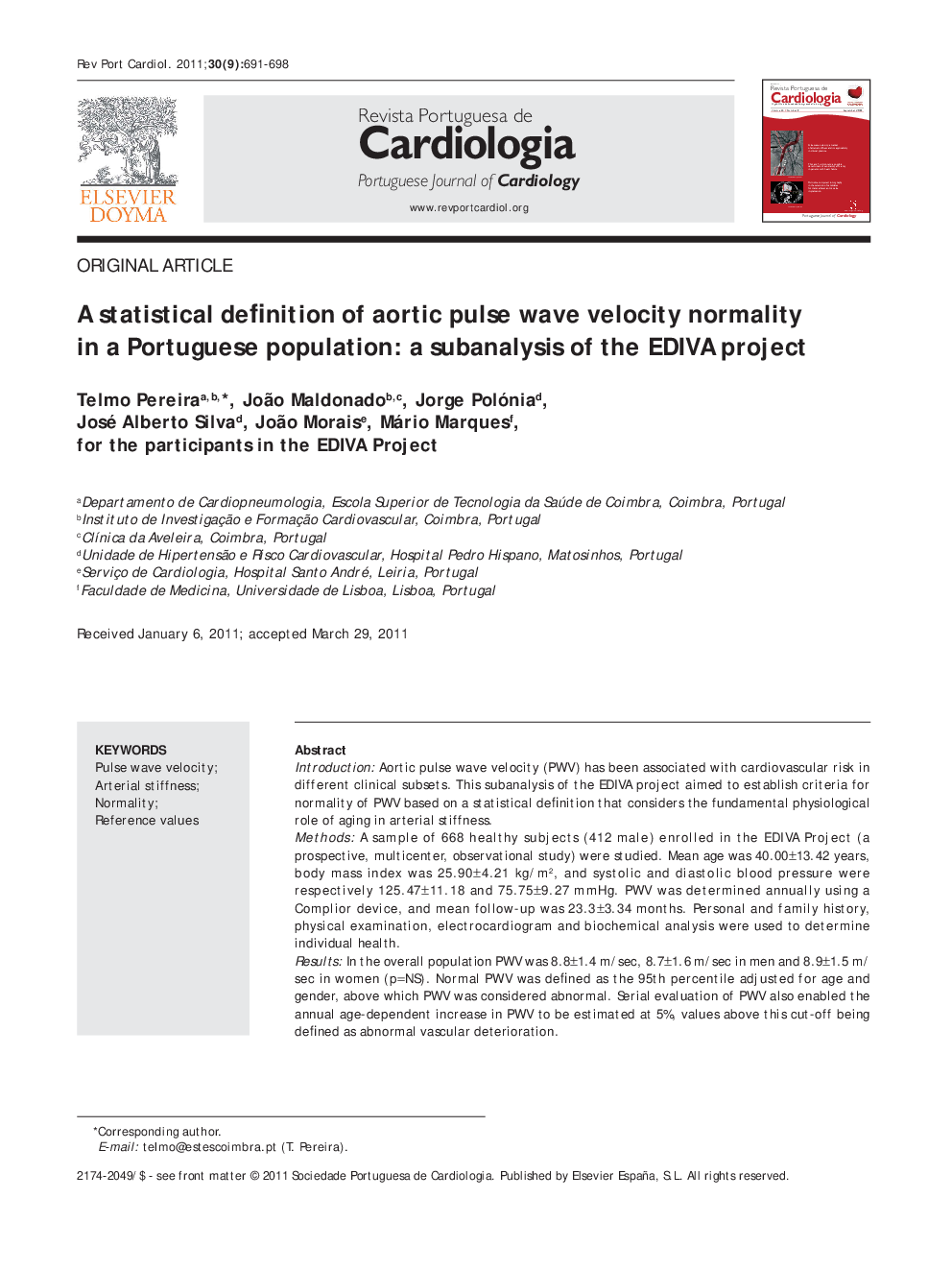 A statistical definition of aortic pulse wave velocity normality in a Portuguese population: A subanalysis of the EDIVA project