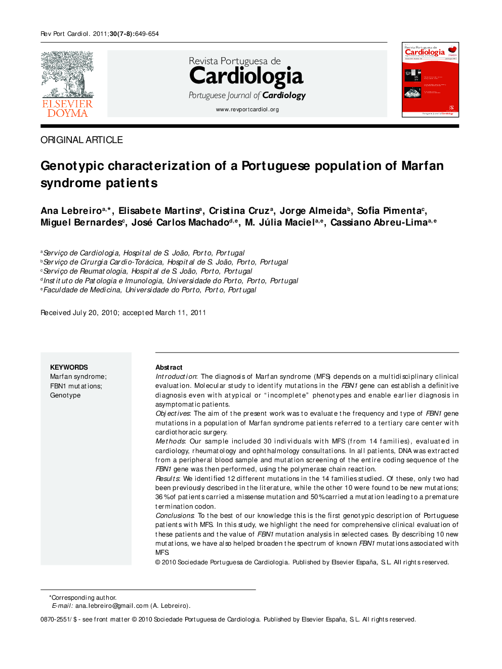 Genotypic characterization of a Portuguese population of Marfan syndrome patients